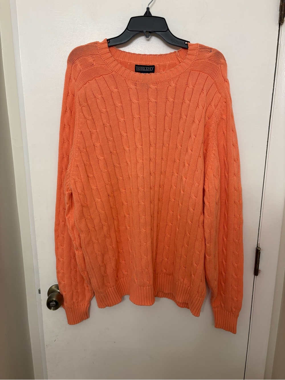 Lands End Vintage Cable Knit Cotton Crewneck Sweater Peach Made in USA Mens XL